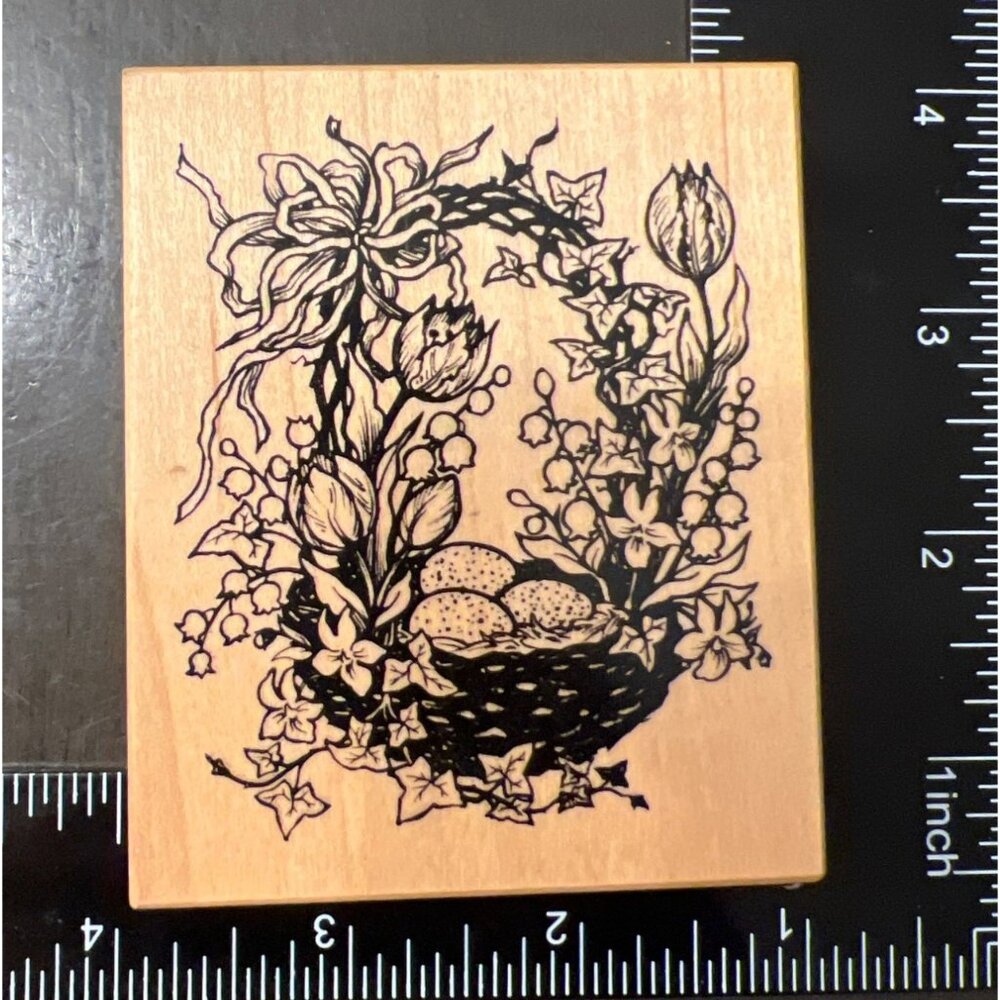 Vintage 1999 PSX Rubber Stamp on Wood Block Floral easter Basket Design G-1945